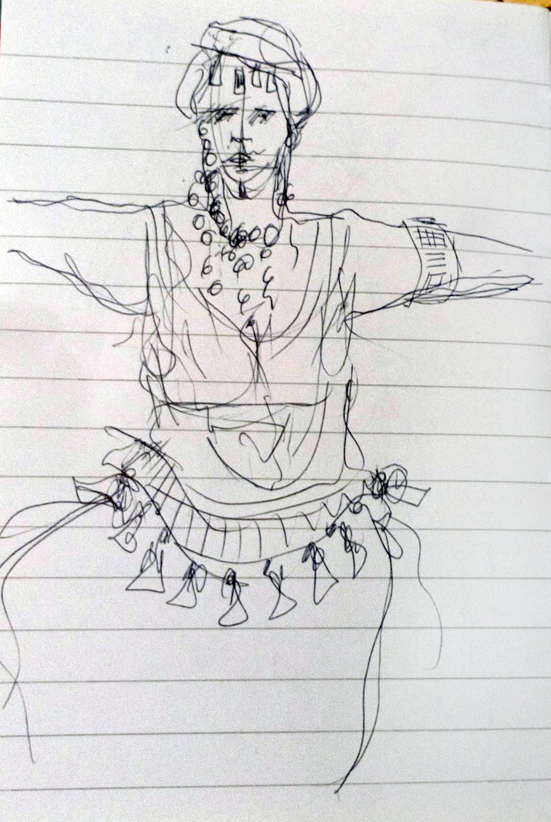 Drawing of the torso and head of a belly dancer