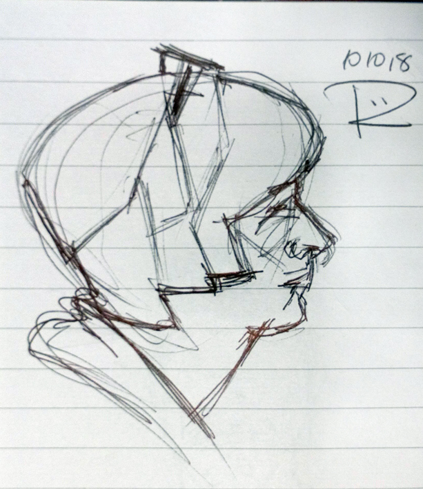 Drawing of a female head from the side with glasses pushed up