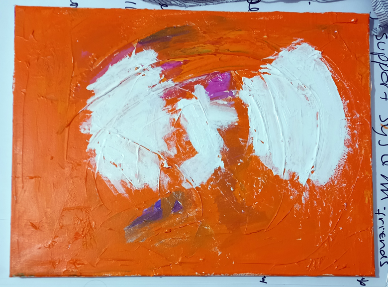 A horizontal rectangular canvas painted overall in orange with some areas of white highlights. The surface of the paint is very textured.