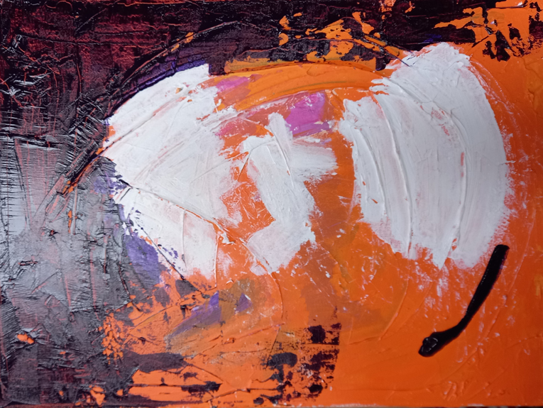 A painting in progress with three colours, orange, purple and white so far. The paint is heavily textured as it has been put on with a palette knife. 