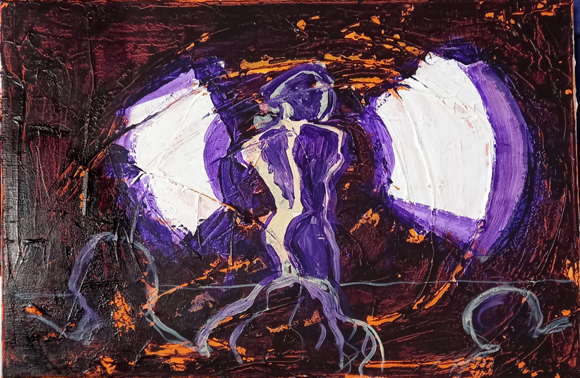 A painting in progress, mostly dark purple and black with flashes of orange and some areas of white. There are the outlines of four people: three are little more than heads in the foreground, the fourth is the main figure and is in the centre of the canvas.