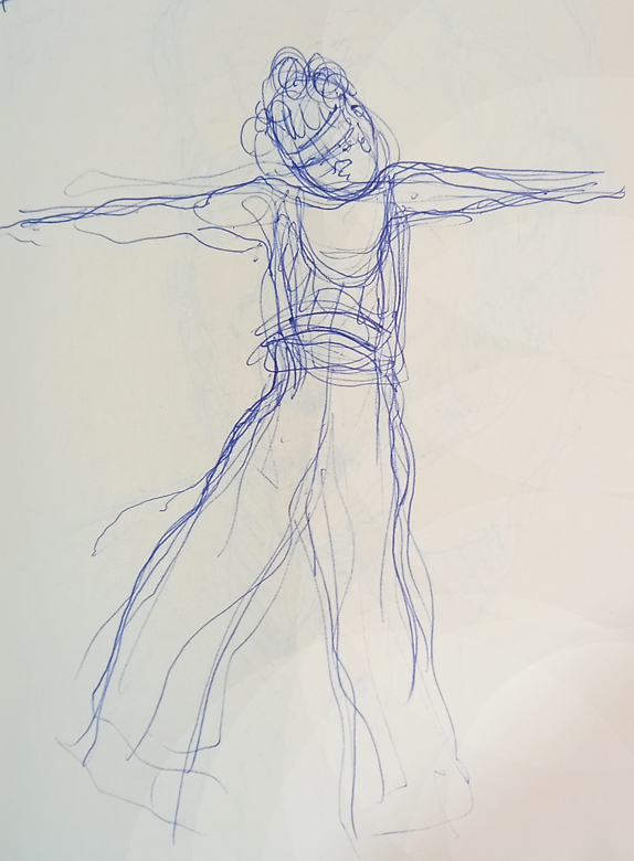 A quick sketch of a dancer on stage in the Taliesin theatre, drawn with ballpoint pen into an A5 size sketchbook. The dancer has her arms outstretched and wears a flower garland in her hair.
