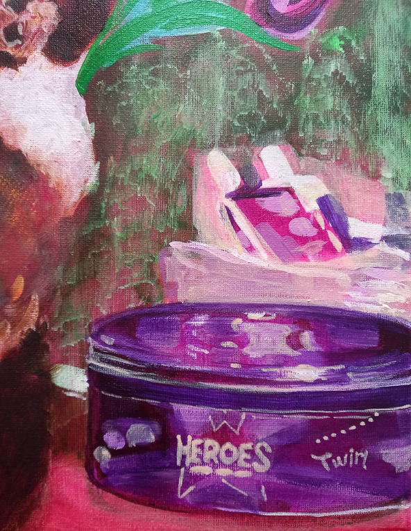 A detail of a painting, Portrait of Sparta Puss, showing a chocolate tin and some toiletry bottles. The objects are mostly in pinks and purples.