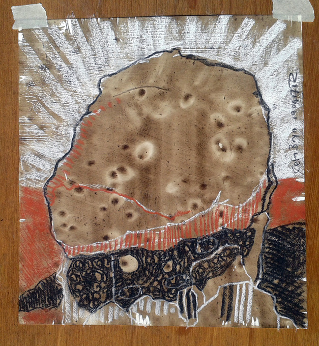 A drawing of the ancient monument Arthur's Stone in shades of white, black, browns and rust colours.