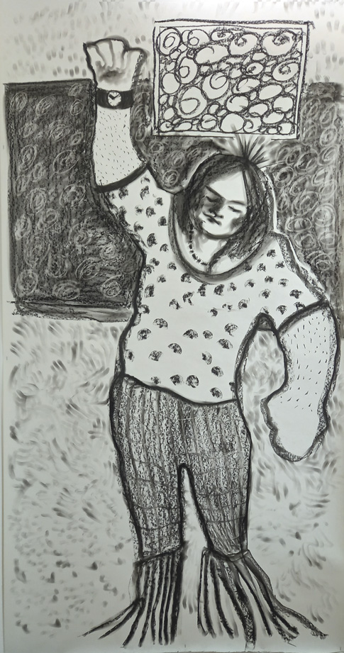 A charcoal drawing of a female figure with her right hand in the air. She is wearing a spotted t-shirt and dark trousers with stripy flares at the bottom. In the background are lots of different textures.