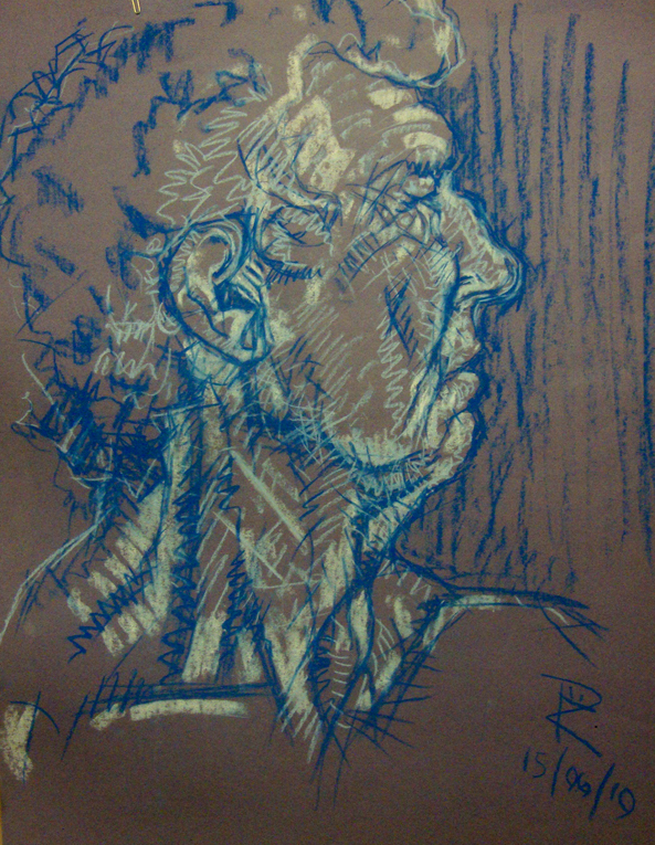 A portrait drawing of an elderly man in profile looking to the right. He has curly hair and a muscled neck. The drawing is on cream and blue soft pastels onto a mid-brown paper and the style is very scribbly and textured. 