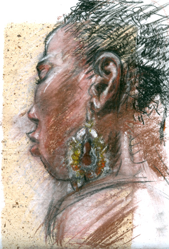 A drawing of a young African woman's head. She is facing to the left and away from us so we only glimpse her left eye and the tip of her nose and mouth. She has brown skin and very curly black hair and wears a large drop silver earring set with orange and yellow stones. The drawing is in a scribbly style with soft chalky pastels overlaid on top of each other. 