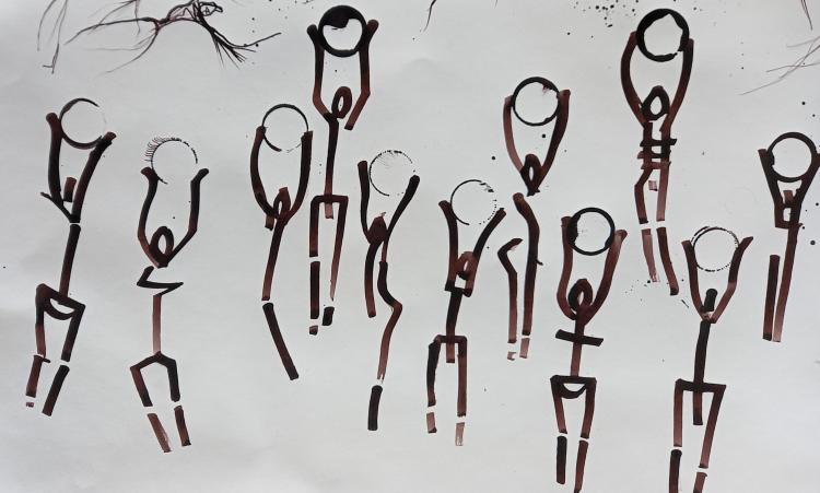 Stick figures holding up big circles.